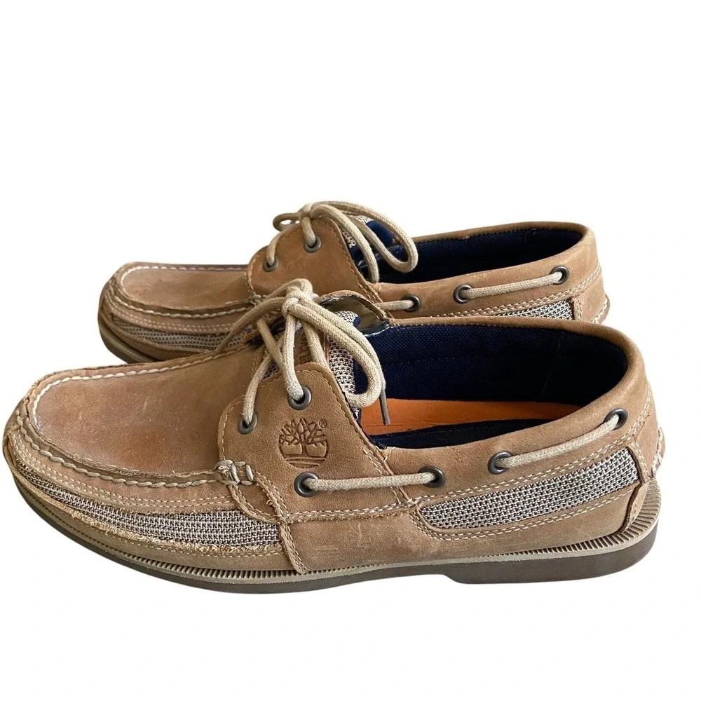 Timberland Kiawah Boat Shoe Men Size 9.5M EU 42.5 Tan Leather Textile Preppy